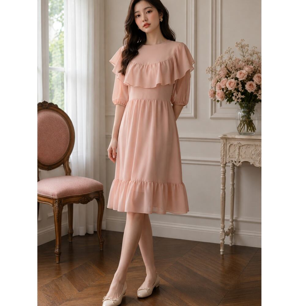 RED VALENTINO Pastel Pink Ruffle Cape Dress SMALL 4/40 Romantic Tiered Coquette